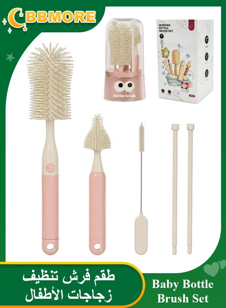 BBMORE Baby Bottle Brush, 5 in 1 Silicone Baby Bottle Cleaning Brush Set Inculde silicone bottle brush,  Nipple Brush, Straw Brush,Drying Rods, storage box - 5 in 1 Bottle Cleaning Tool for Home and Travel, Pink - Image 1